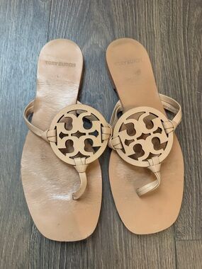 Tory Burch Nude Tan Miller Logo square toe Sandals